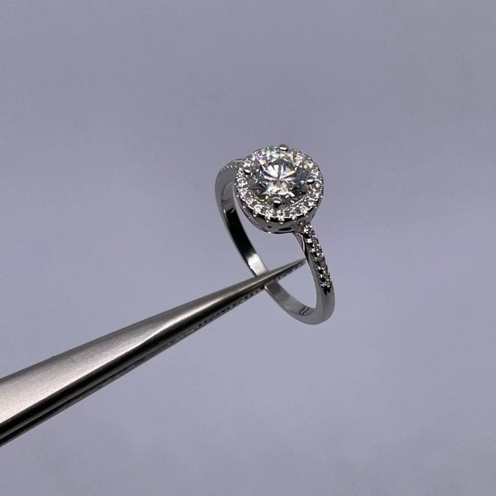 Moissanite Diamond Ring GRA Certified Halo 1 Ct Round Cut Size 7